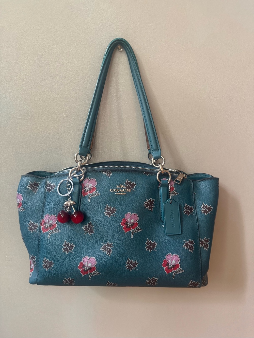Coach Christie Carryall Teal Wildflower Shoulder Bag with Cherry Charm